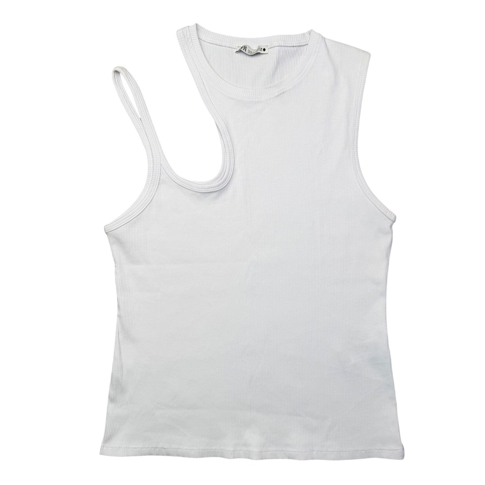 Zara Asymmetric Cut Out Tank Top Ribbed White Minimalist Y2K L
